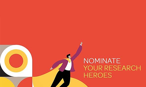 Graphic showing a superhero against a colourful red, yellow and purple background, with text reading: Nominate your research heroes